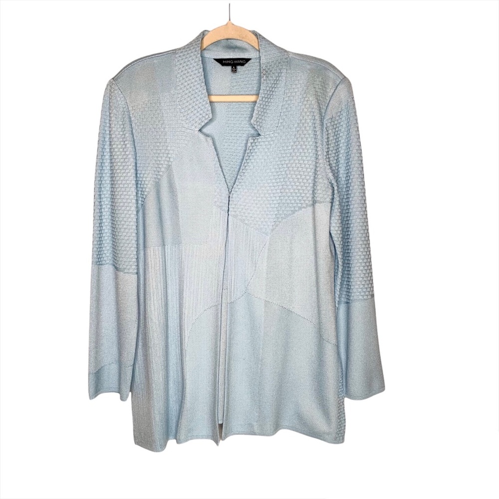 Ming Wang Textured Knit Cardigan Light Blue Office Casual Sweater Size Large